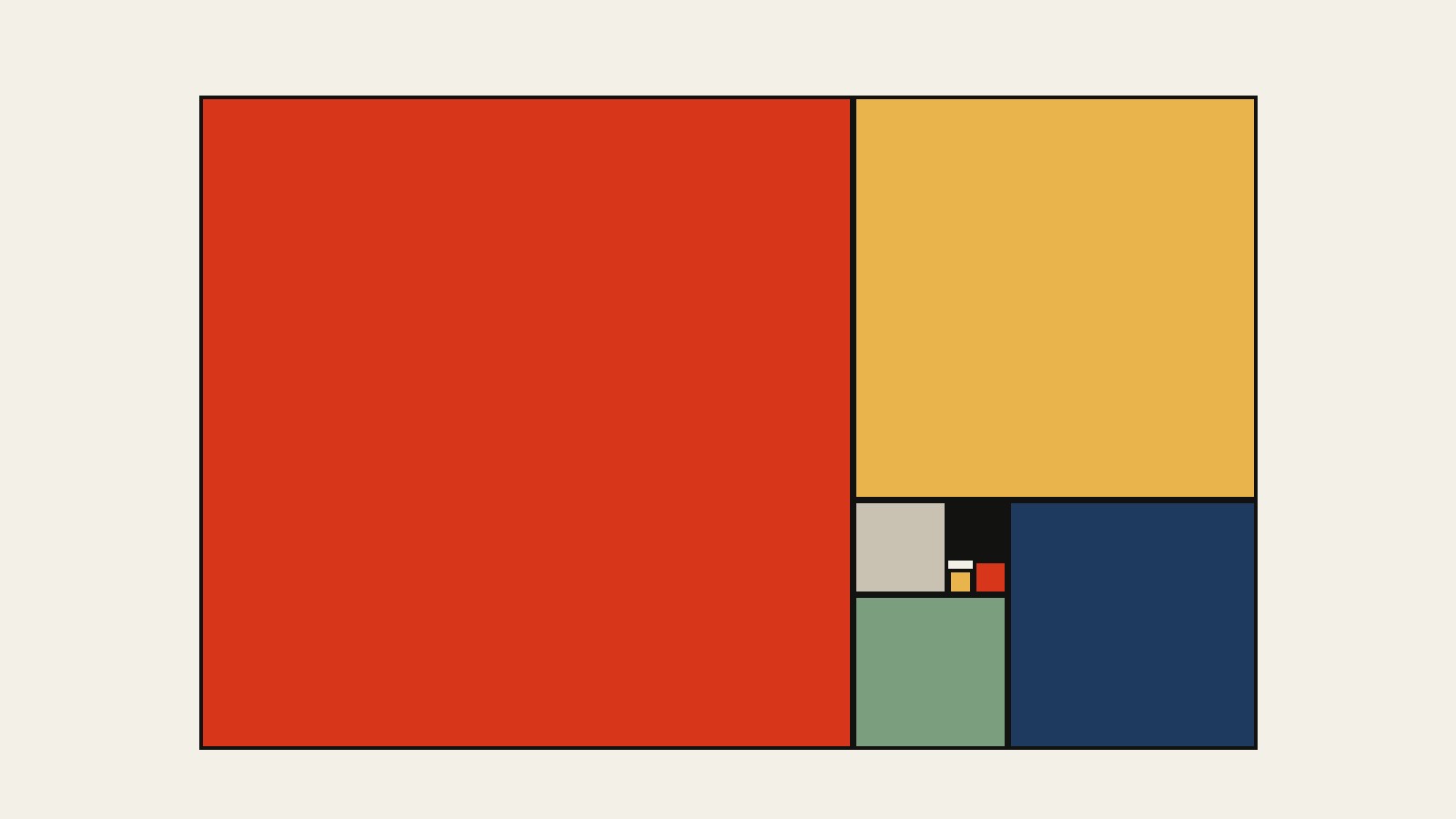 A rectangle divided again and again by the golden ratio, each square filled with a flat colour