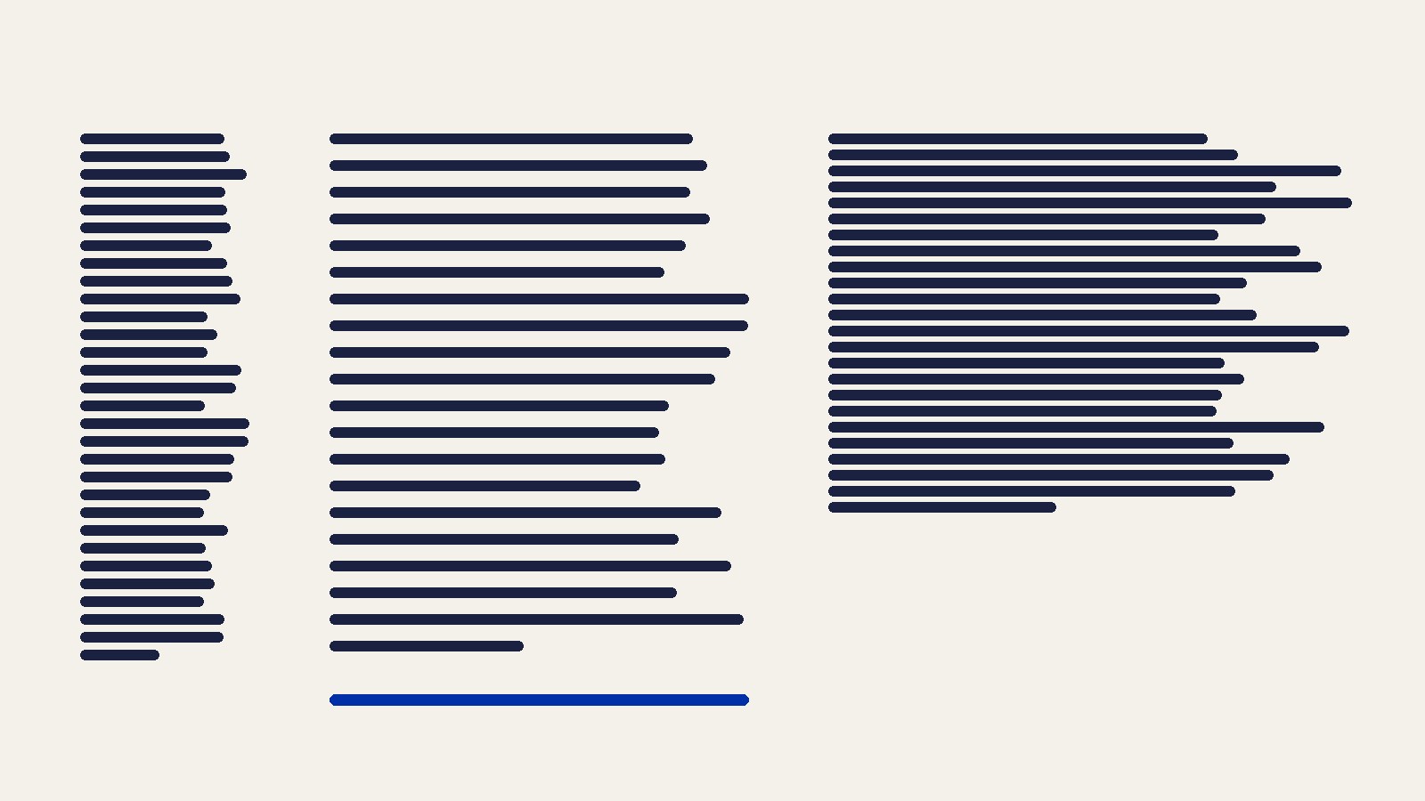 Three blocks of lines representing text set too narrow, at a comfortable length with open spacing, and too long with tight spacing