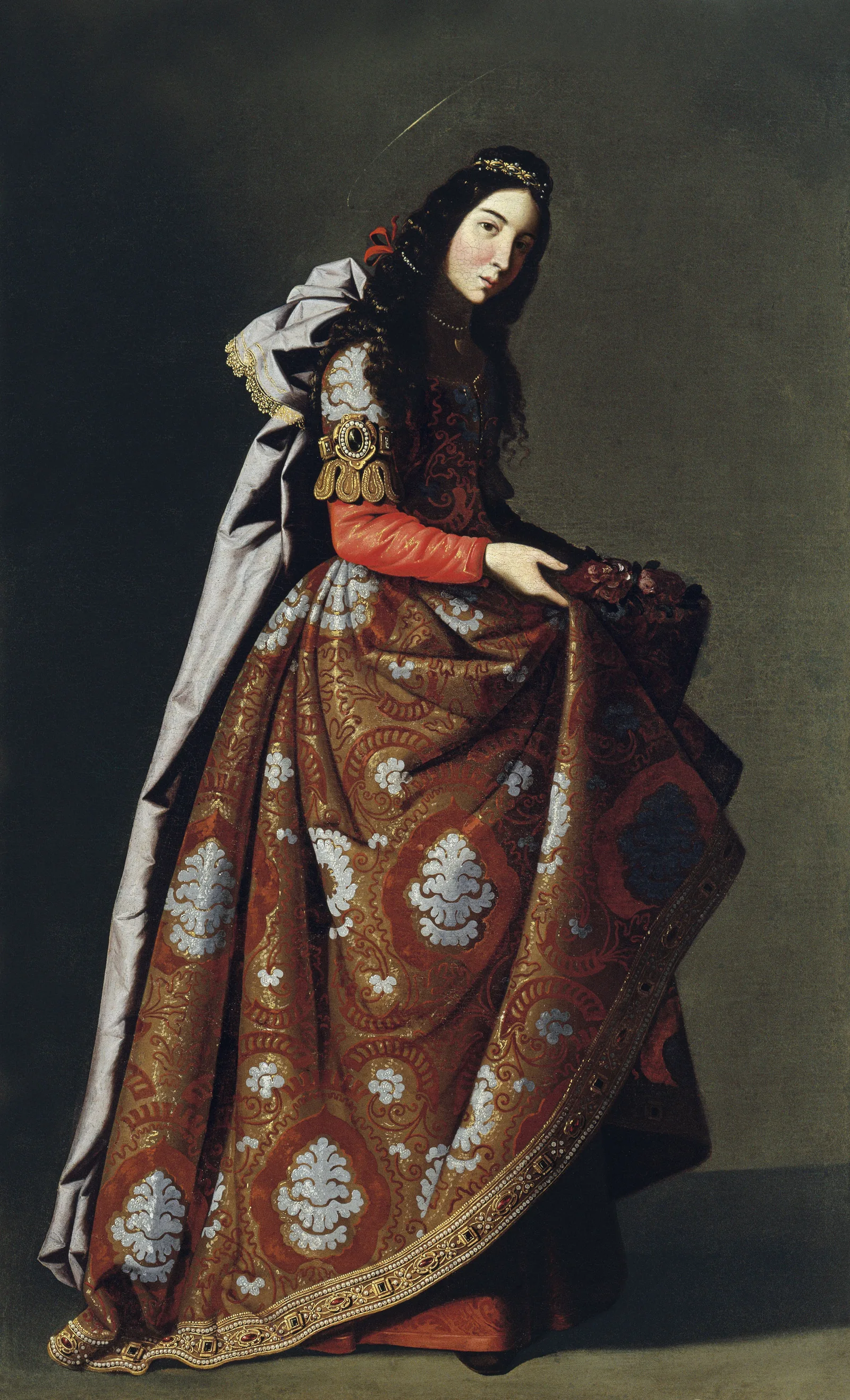 Saint Casilda, a young woman in a richly embroidered silk dress, holding roses gathered in her skirt, against a dark background